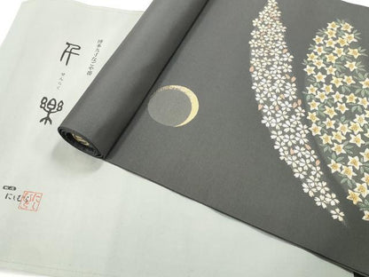 平和屋着物●本場筑前博多織　名古屋帯　帯反物　千楽　月と小花　金糸　西村織物謹製　証紙付き　逸品　未使用　DABD8466zzz