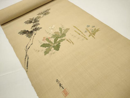 平和屋着物●染色作家　桐山紫香　手描き　名古屋帯　帯反物　紬地　筑紫 つくし　草花文　金彩　逸品　未使用　DABD8478zzz