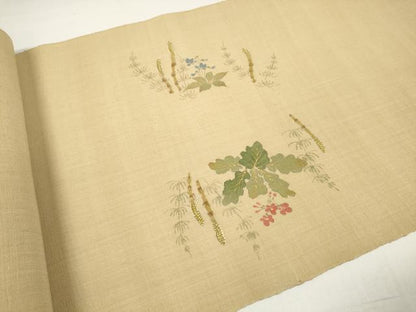 平和屋着物●染色作家　桐山紫香　手描き　名古屋帯　帯反物　紬地　筑紫 つくし　草花文　金彩　逸品　未使用　DABD8478zzz