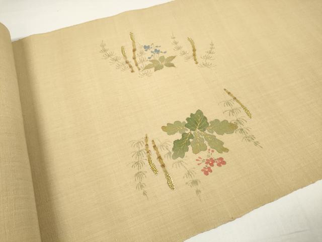 平和屋着物●染色作家　桐山紫香　手描き　名古屋帯　帯反物　紬地　筑紫 つくし　草花文　金彩　逸品　未使用　DABD8478zzz