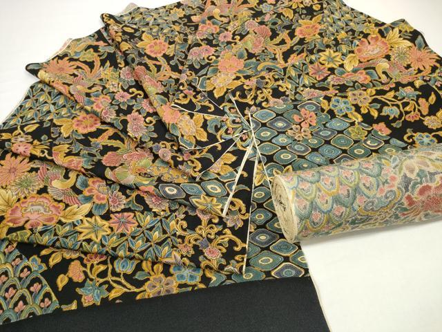 平和屋着物●小紋　反物　着尺　切嵌鳳凰花蝶唐草文　鬼しぼ縮緬　逸品　未使用　DABD8483zzz