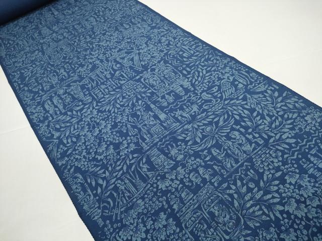 平和屋着物●小紋　反物　着尺　萬葉の色藍　有色藍染　壁画葡萄花文　逸品　未使用　DABD8509zzz