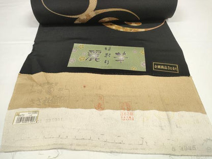 平和屋着物●小紋　反物　着尺　麗華　吉祥花輪文　黒地　鬼しぼ縮緬　逸品　未使用　DABD8511zzz