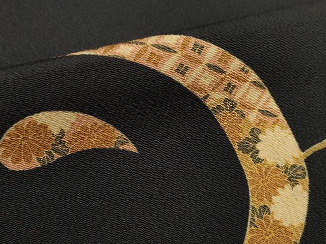 平和屋着物●小紋　反物　着尺　麗華　吉祥花輪文　黒地　鬼しぼ縮緬　逸品　未使用　DABD8511zzz