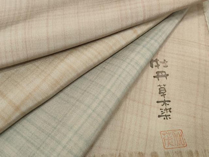 平和屋着物●長襦袢　反物　着尺　牡丹草木染　幻想ぼかし　チェック柄　逸品　未使用　DABD8554zzz