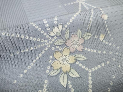 平和屋着物＊夏物　小紋　反物　着尺　縦駒絽　京友禅　麻の葉文様　舞桜　逸品　未使用　DABD8620zzz