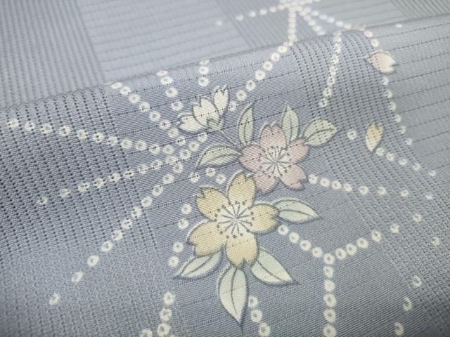 平和屋着物＊夏物　小紋　反物　着尺　縦駒絽　京友禅　麻の葉文様　舞桜　逸品　未使用　DABD8620zzz