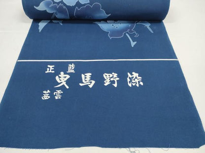 平和屋着物＊夏物　浴衣　反物　着尺　正藍曳馬野染　注染　草花文　綿　未使用　DABD8678zzz