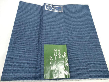 平和屋着物＊夏物　阿波しじら織　浴衣　反物　着尺　正藍染　格子　箱・証紙付き　綿　逸品　未使用　DABD8748zzz