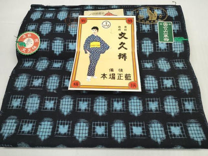 平和屋着物●備後絣　反物　着尺　正藍　絣文様　丸妙織布謹製　証紙付き　綿　逸品　未使用　DABD8795zzz