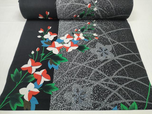 平和屋着物＊夏物　浴衣　反物　着尺　桔梗　黒地　綿　逸品　未使用　DABD8818zzz