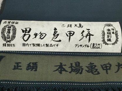 平和屋着物▼男性　本場亀甲大島　紬　反物　着尺　アンサンブル　100亀甲　総詰め　証紙・共箱付き　逸品　未使用　DABD8862zzz