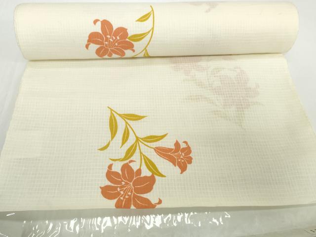 平和屋着物＊夏物　綿紅梅　浴衣　反物　着尺　草花文　百合 ユリ　市田株式会社　綿　逸品　未使用　DABD8879zzz