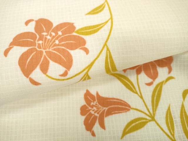 平和屋着物＊夏物　綿紅梅　浴衣　反物　着尺　草花文　百合 ユリ　市田株式会社　綿　逸品　未使用　DABD8879zzz