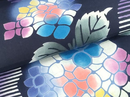 平和屋着物＊夏物 浴衣 反物 着尺 注染 団扇 紫陽花 アジサイ ほていや扱い 綿 未使用 DABD8949zzz