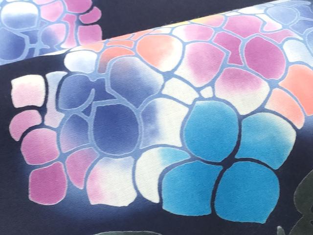 平和屋着物＊夏物 浴衣 反物 着尺 注染 団扇 紫陽花 アジサイ ほていや扱い 綿 未使用 DABD8949zzz