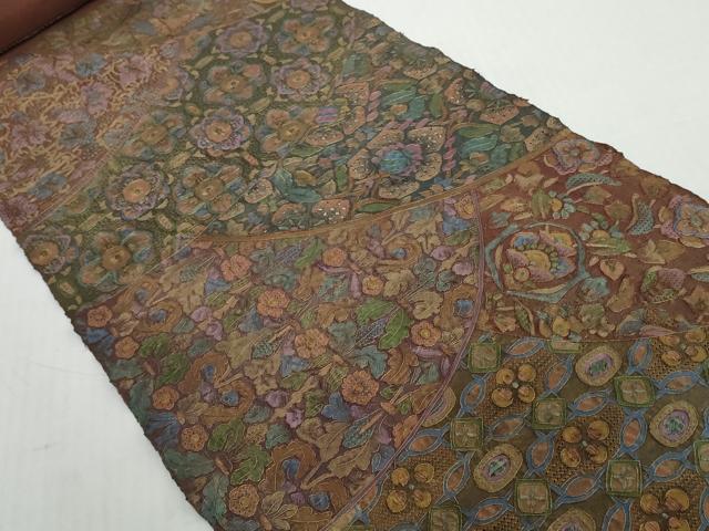 平和屋着物●中国三大刺繍 スワトウ刺繍 汕頭刺繍 蘇州刺繍 六通柄袋帯 帯反物 裏地付 更紗花鳥文 金糸 証紙付 逸品 未使用 DABD8975zzzk6