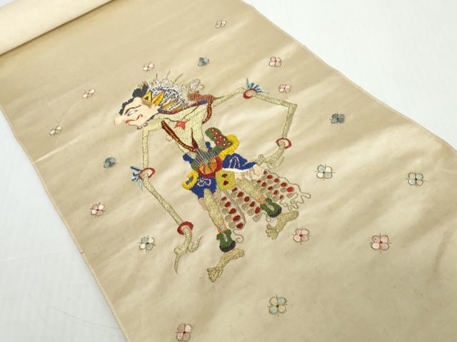平和屋着物●アンティーク　大正ロマン　袋帯　帯反物　総手刺繍　ワヤン・クリ　影絵芝居人形　金糸　逸品　未使用　DABD8976zzz