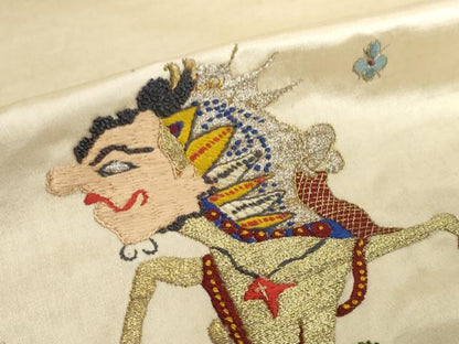 平和屋着物●アンティーク　大正ロマン　袋帯　帯反物　総手刺繍　ワヤン・クリ　影絵芝居人形　金糸　逸品　未使用　DABD8976zzz