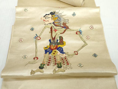 平和屋着物●アンティーク　大正ロマン　袋帯　帯反物　総手刺繍　ワヤン・クリ　影絵芝居人形　金糸　逸品　未使用　DABD8976zzz