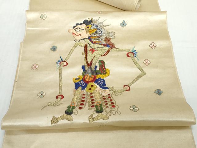 平和屋着物●アンティーク　大正ロマン　袋帯　帯反物　総手刺繍　ワヤン・クリ　影絵芝居人形　金糸　逸品　未使用　DABD8976zzz