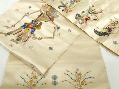 平和屋着物●アンティーク　大正ロマン　袋帯　帯反物　総手刺繍　ワヤン・クリ　影絵芝居人形　金糸　逸品　未使用　DABD8976zzz