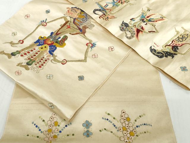 平和屋着物●アンティーク　大正ロマン　袋帯　帯反物　総手刺繍　ワヤン・クリ　影絵芝居人形　金糸　逸品　未使用　DABD8976zzz