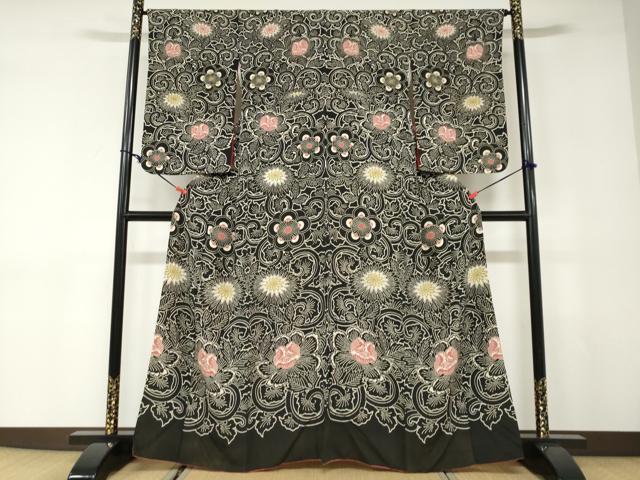 平和屋着物●訪問着　型染め　更紗花唐草文　黒地　正絹　逸品　DABD9006ud