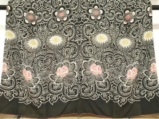 平和屋着物●訪問着　型染め　更紗花唐草文　黒地　正絹　逸品　DABD9006ud