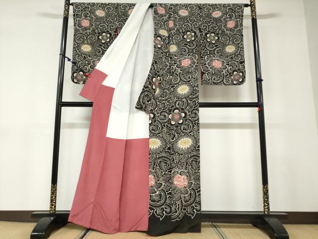 平和屋着物●訪問着　型染め　更紗花唐草文　黒地　正絹　逸品　DABD9006ud