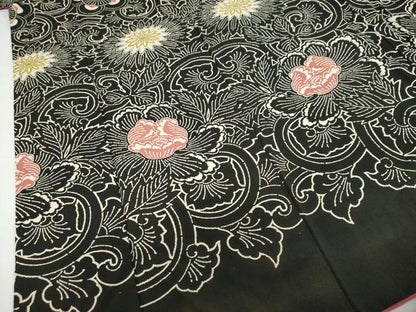 平和屋着物●訪問着　型染め　更紗花唐草文　黒地　正絹　逸品　DABD9006ud