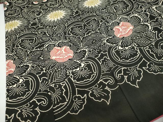 平和屋着物●訪問着　型染め　更紗花唐草文　黒地　正絹　逸品　DABD9006ud