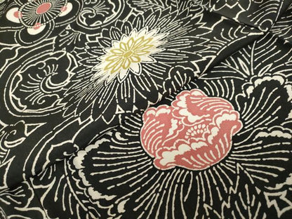 平和屋着物●訪問着　型染め　更紗花唐草文　黒地　正絹　逸品　DABD9006ud