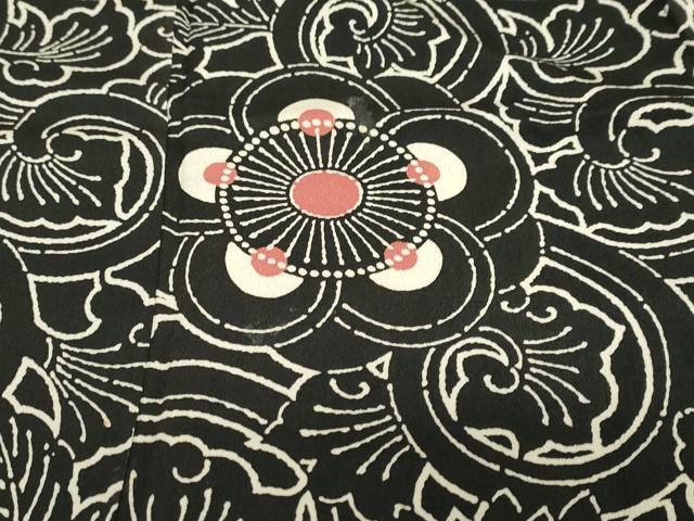平和屋着物●訪問着　型染め　更紗花唐草文　黒地　正絹　逸品　DABD9006ud