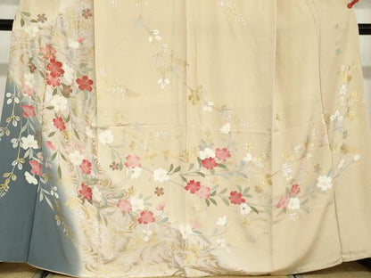 平和屋着物●訪問着　作家物　駒刺繍　流水枝垂れ草花文　暈し染め　金銀彩　正絹　逸品　DABD9010ud