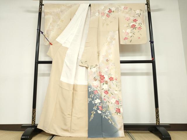 平和屋着物●訪問着　作家物　駒刺繍　流水枝垂れ草花文　暈し染め　金銀彩　正絹　逸品　DABD9010ud