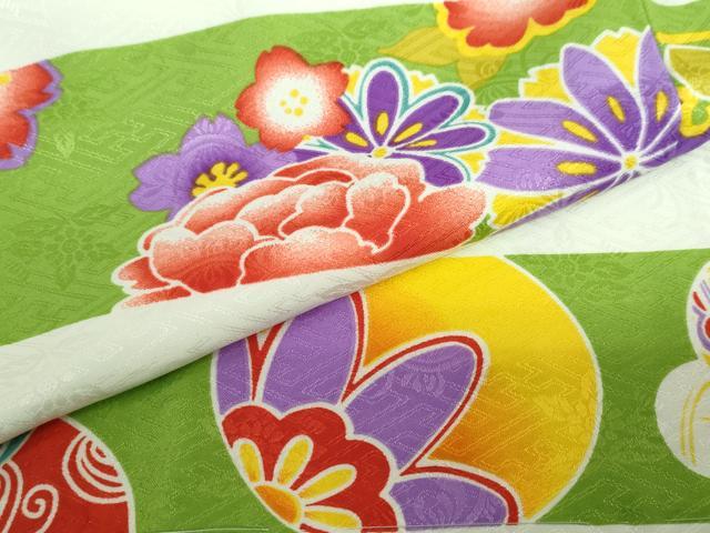平和屋着物●小振袖　二尺袖　横段手毬草花文　洗える着物　未使用　DABD9020ud