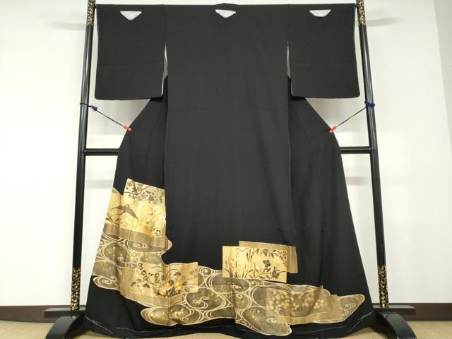 平和屋着物●豪華黒留袖　駒刺繍　流水飛鶴草花文　金彩　正絹　逸品　未使用　DABD9043ud