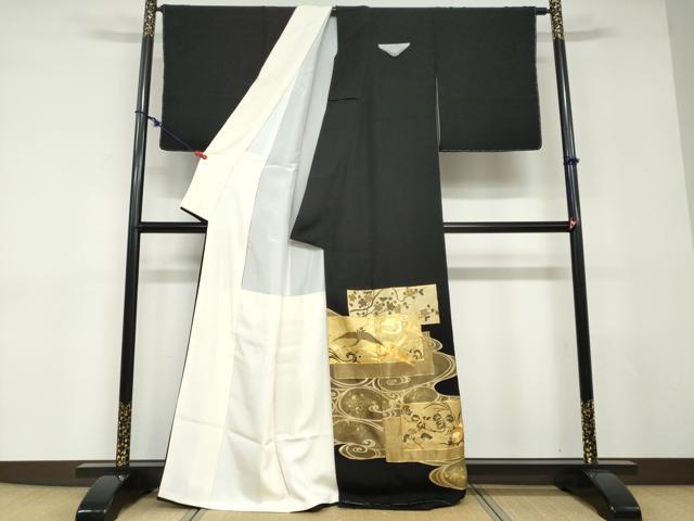 平和屋着物●豪華黒留袖　駒刺繍　流水飛鶴草花文　金彩　正絹　逸品　未使用　DABD9043ud