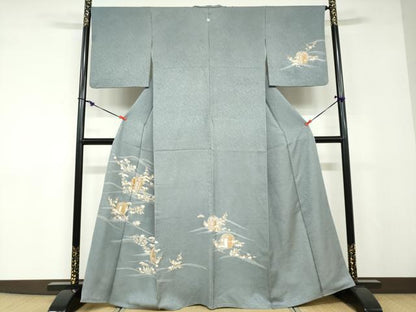 平和屋着物●訪問着　駒刺繍　陶器草花文　金彩　正絹　逸品　DABD9045ud