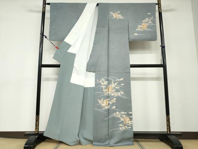 平和屋着物●訪問着　駒刺繍　陶器草花文　金彩　正絹　逸品　DABD9045ud 平和屋着物○訪問着 駒刺繍 陶器草花文 金彩 正絹 逸品 DABD9045ud