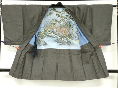 平和屋着物●男性　紬　アンサンブル　長羽織　100亀甲　総詰め　正絹　逸品　DABD9049ud