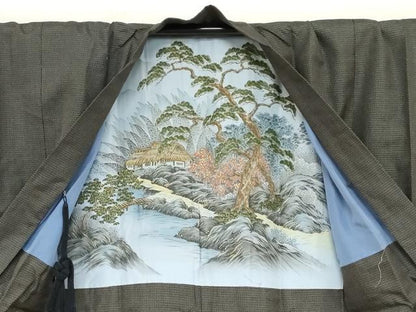平和屋着物●男性　紬　アンサンブル　長羽織　100亀甲　総詰め　正絹　逸品　DABD9049ud