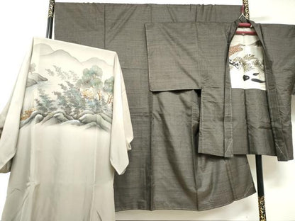 平和屋着物●男性　本場大島紬　アンサンブル　長羽織　長襦袢（袷）セット　100亀甲　総詰め　正絹　逸品　未使用　DABD9055ud