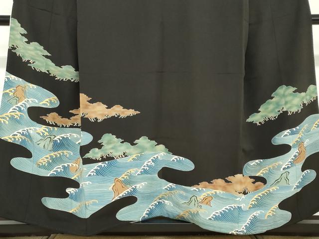 平和屋着物●創業130年　江戸染繍友禅　大彦　黒留袖　立波風景文　金彩　三越扱い　正絹　逸品　DABD9061ud