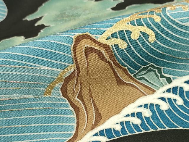 平和屋着物●創業130年　江戸染繍友禅　大彦　黒留袖　立波風景文　金彩　三越扱い　正絹　逸品　DABD9061ud