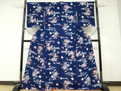 平和屋着物●上質な小紋　型染め　花蝶文　鬼しぼ縮緬　正絹　逸品　DABD9063ud