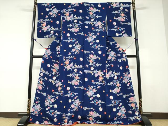平和屋着物●上質な小紋　型染め　花蝶文　鬼しぼ縮緬　正絹　逸品　DABD9063ud