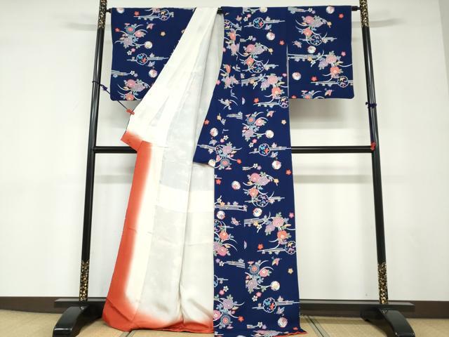 平和屋着物●上質な小紋　型染め　花蝶文　鬼しぼ縮緬　正絹　逸品　DABD9063ud