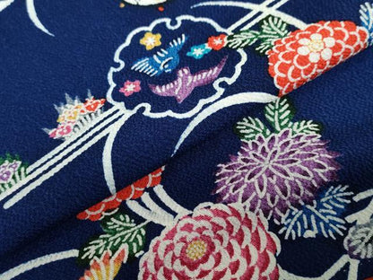 平和屋着物●上質な小紋　型染め　花蝶文　鬼しぼ縮緬　正絹　逸品　DABD9063ud